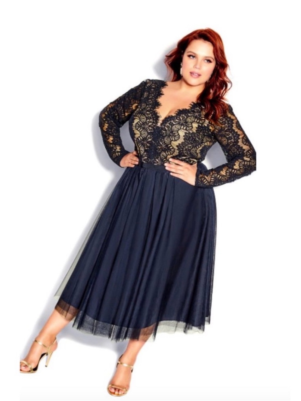 NWT! City Chic Rare Beauty Navy Elegant Lace & Tulle Midi Dress Size XL/22